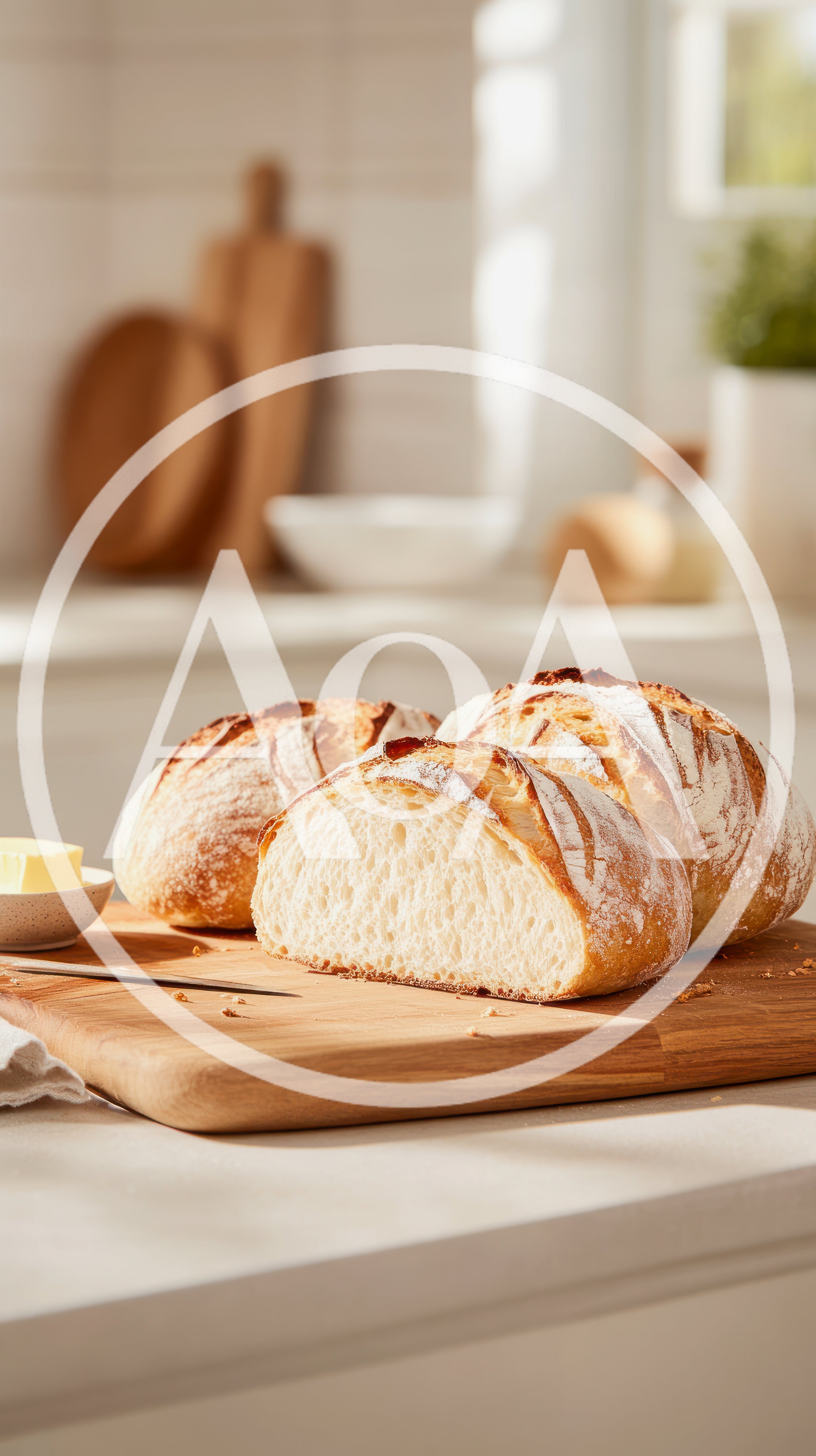 Freshly Baked Sourdough Bread Loaves on Wooden Board