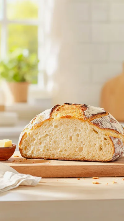 Freshly Baked Sourdough Bread Loaf on Wooden Board