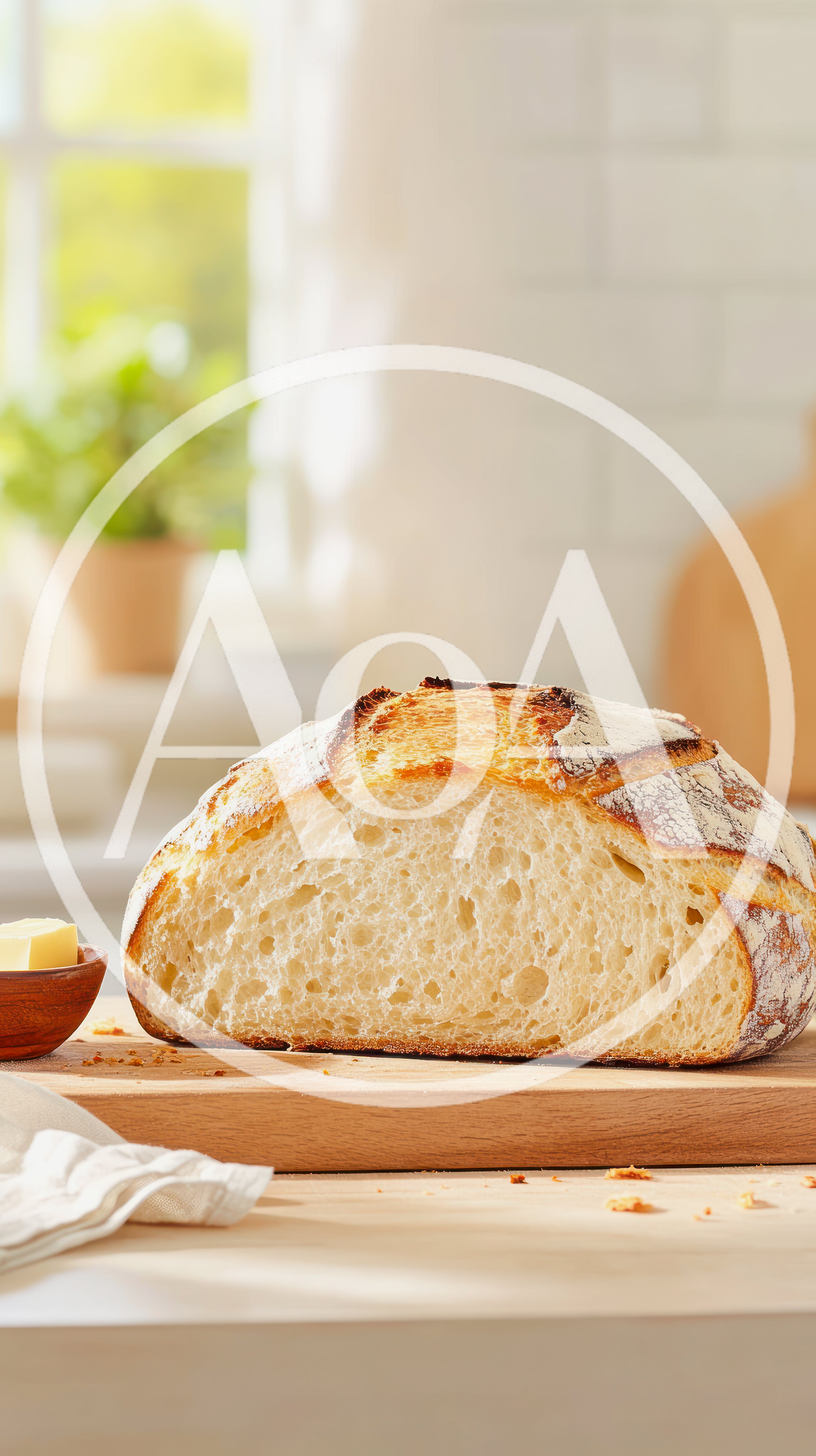 Freshly Baked Sourdough Bread Loaf on Wooden Board