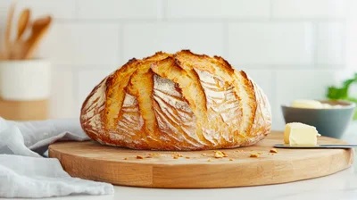Freshly Baked Sourdough Bread Loaf On Wooden Board