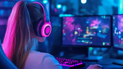 Young Woman Playing Video Games In Neon Lit Room