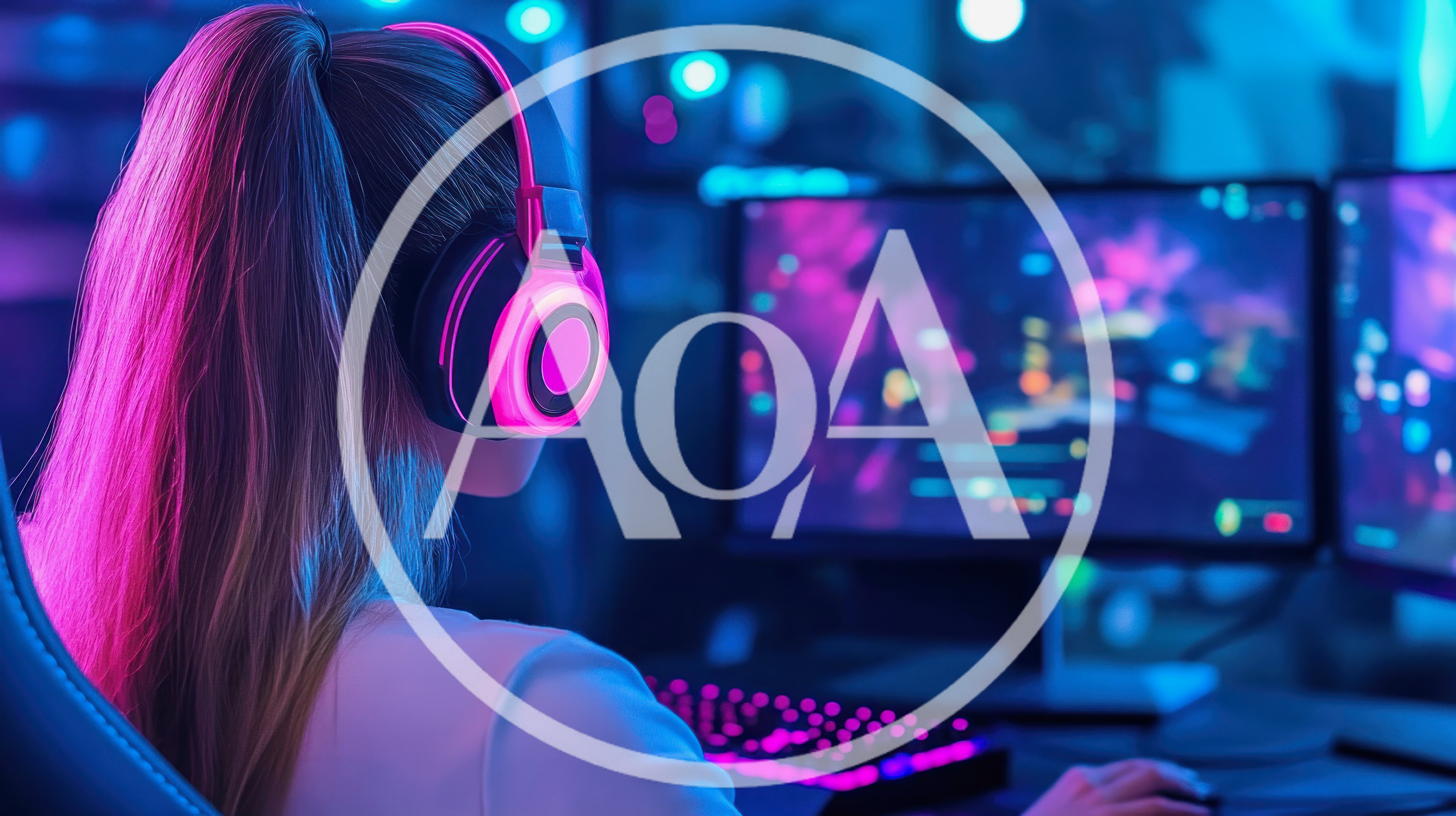 Young Woman Playing Video Games In Neon Lit Room
