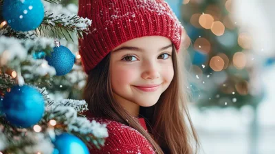 Young Girl Wearing Red Winter Hat Near Christmas Tree