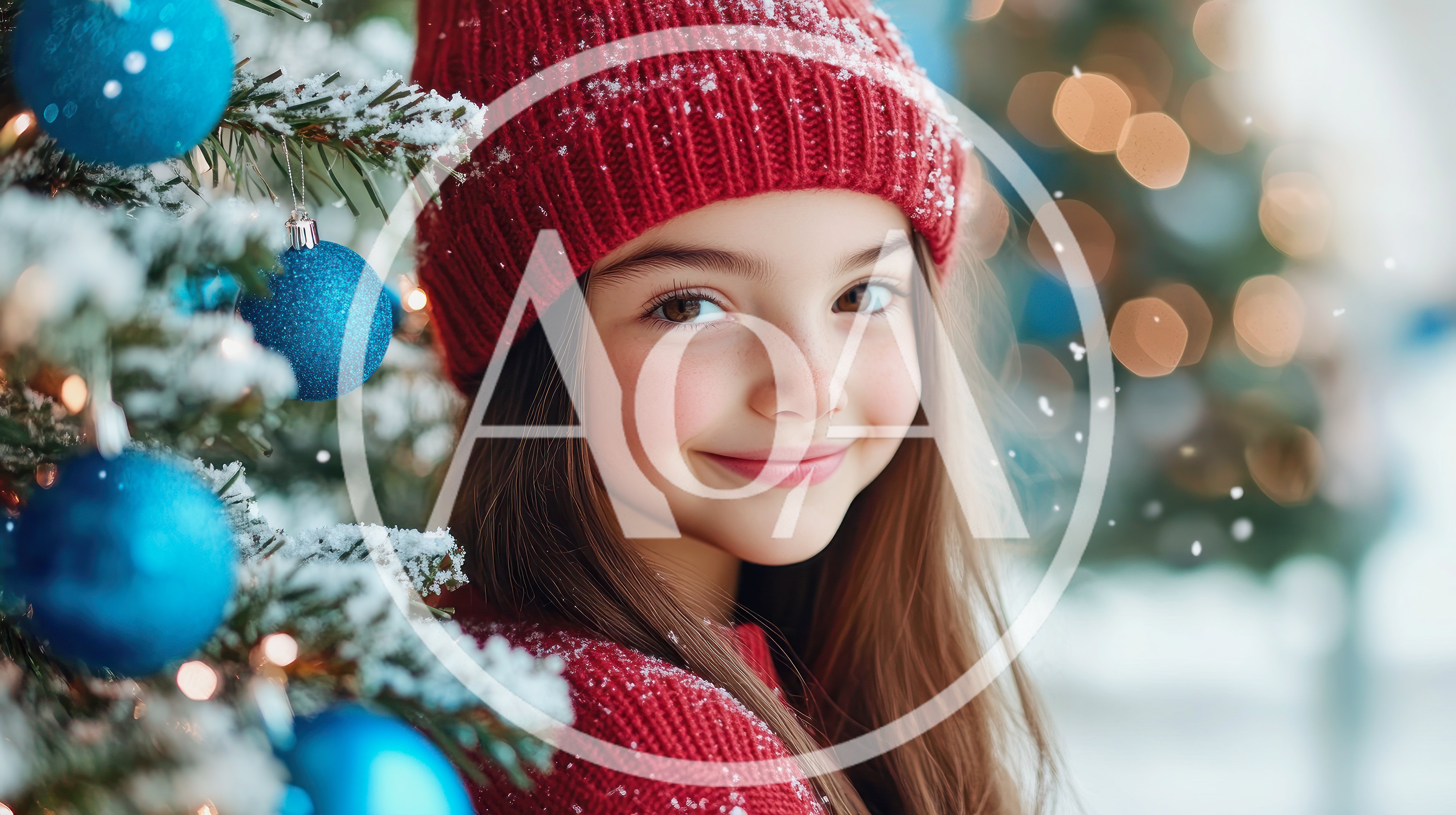 Young Girl Wearing Red Winter Hat Near Christmas Tree