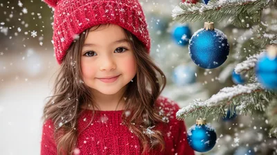 Little Girl Wearing Red Hat Near Christmas Tree