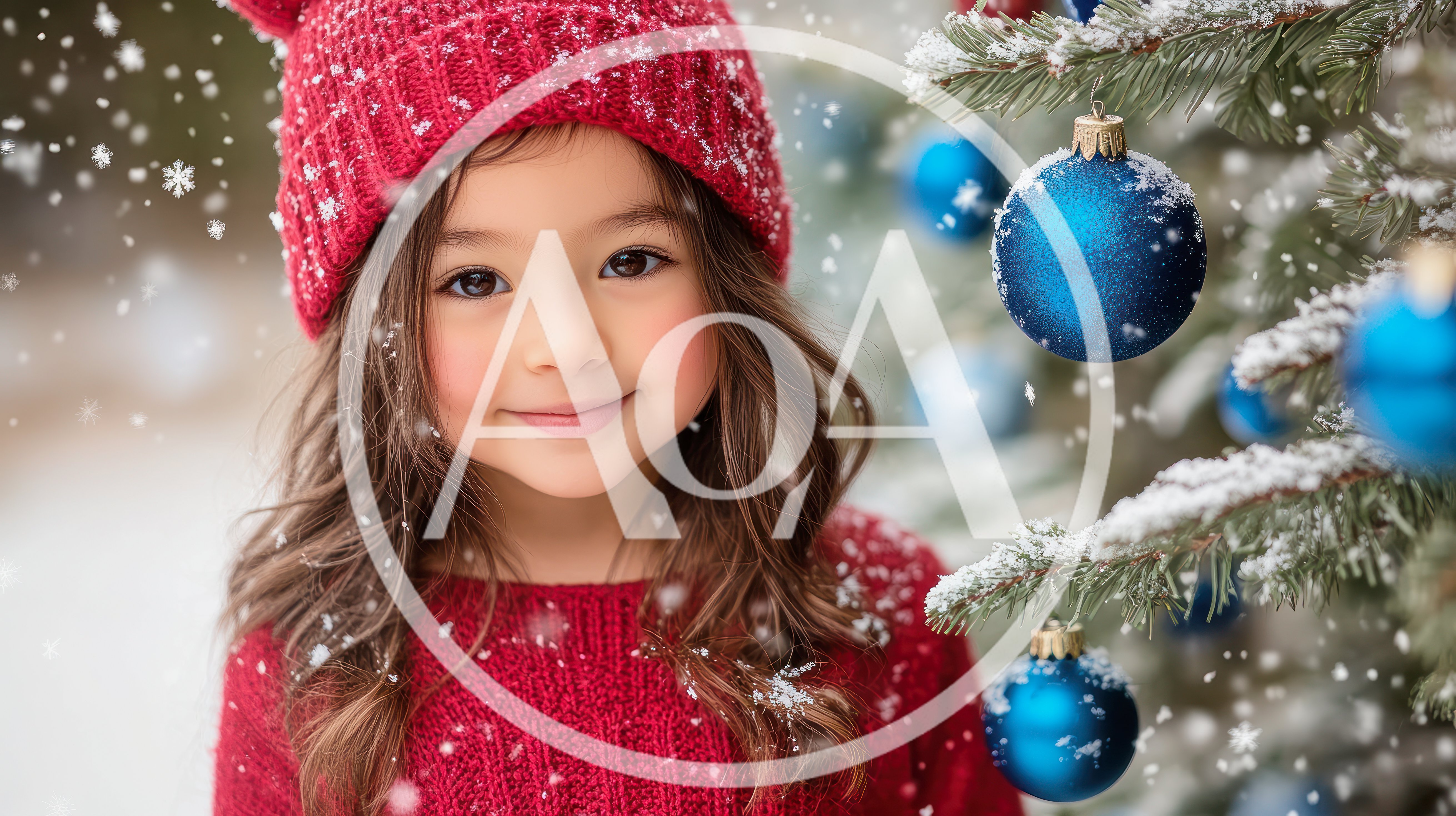 Little Girl Wearing Red Hat Near Christmas Tree