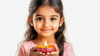 Young Indian Girl Holding A Lit Diya Lamp