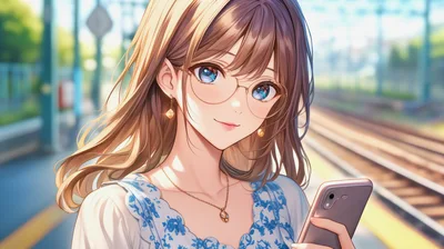 Anime Style Young Woman Using Smartphone At Train Station