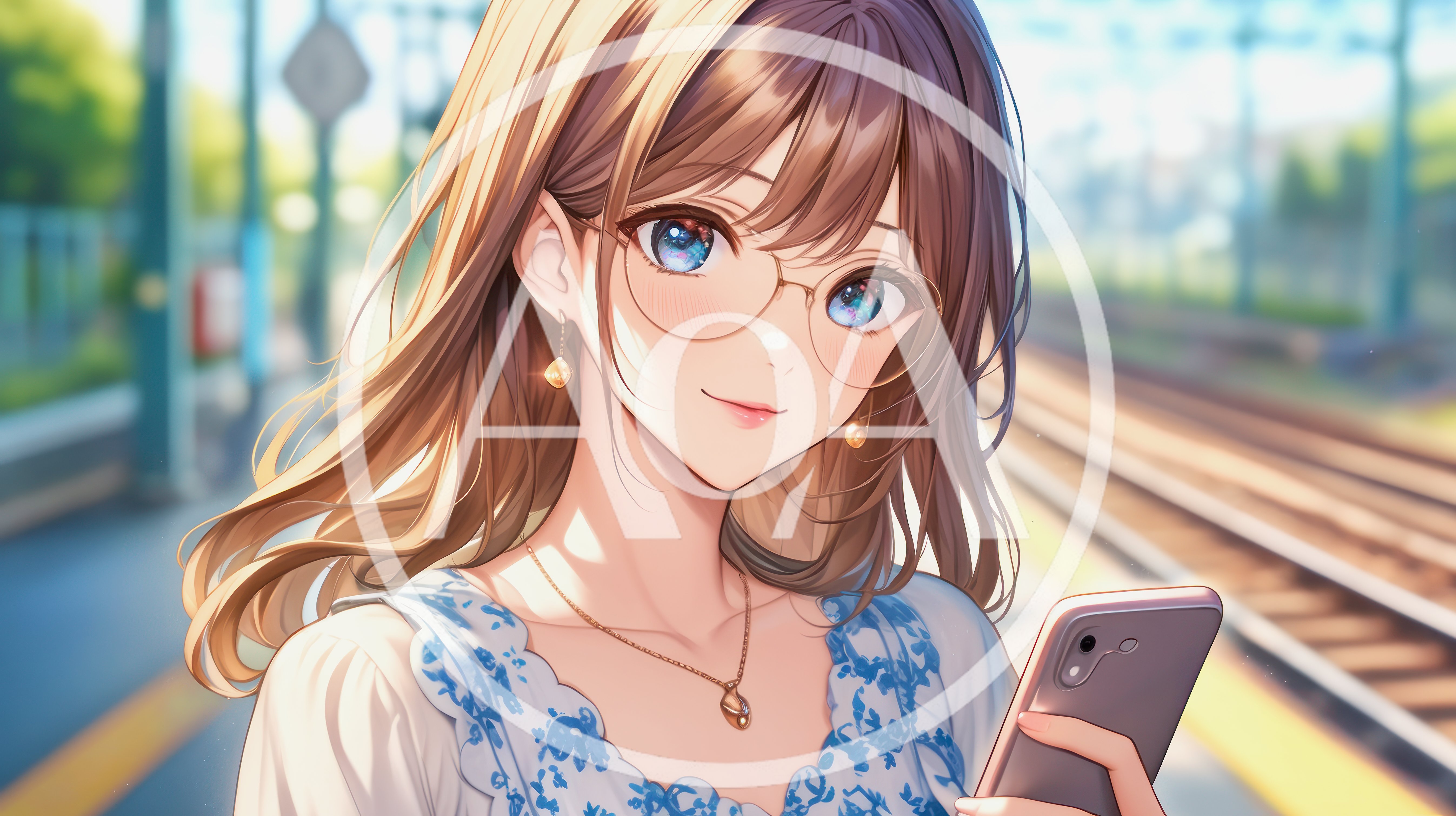 Anime Style Young Woman Using Smartphone At Train Station