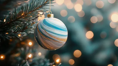 Blue And Gold Swirled Christmas Ornament On Tree