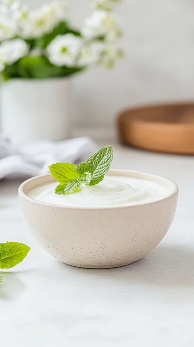 Bowl Of Creamy Yogurt Garnished With Fresh Mint Leaves
