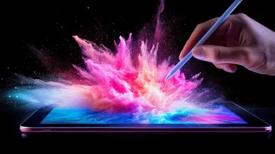 Digital Stylus Touching Tablet Screen With Colorful Powder Explosion