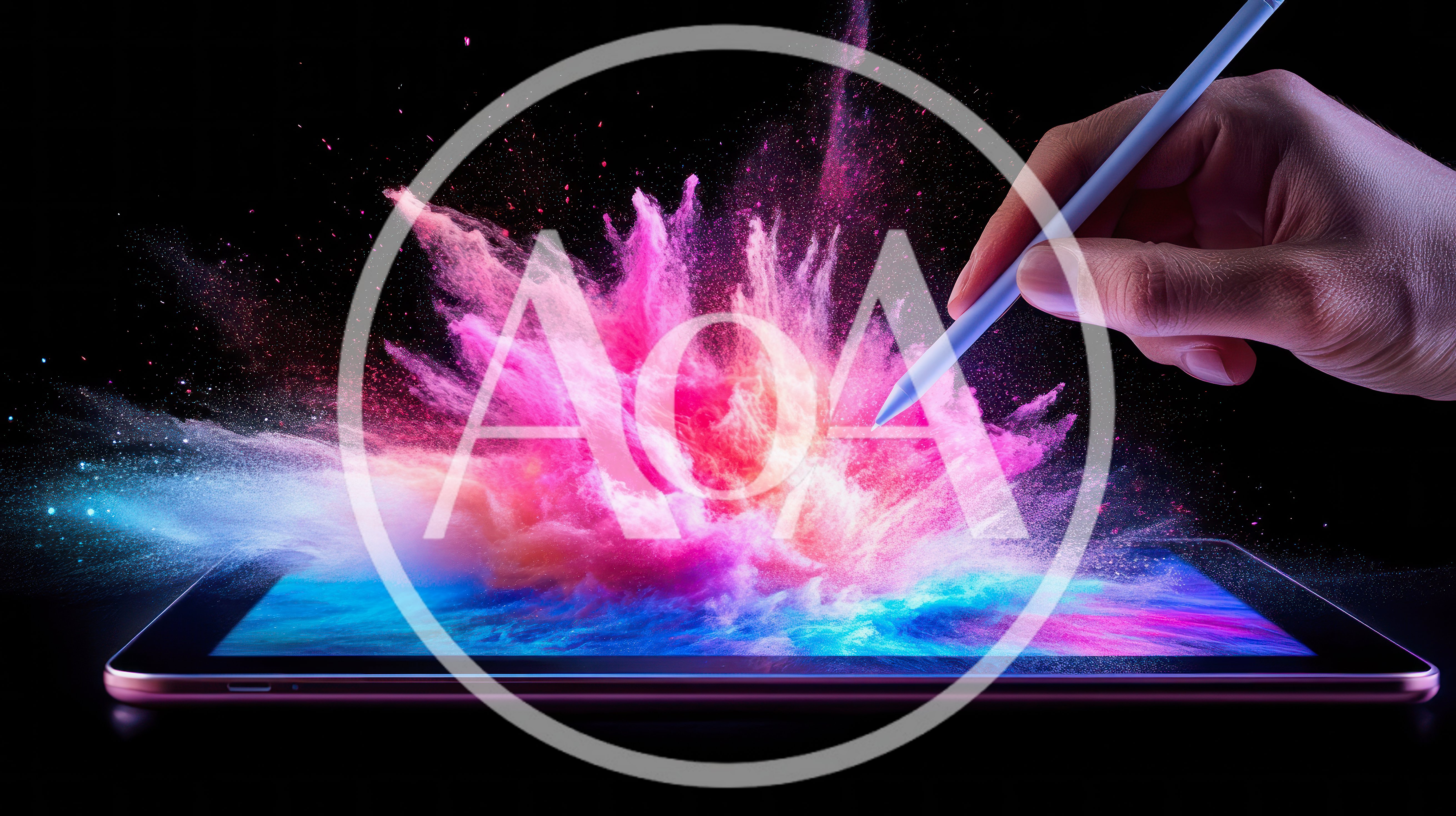 Digital Stylus Touching Tablet Screen With Colorful Powder Explosion