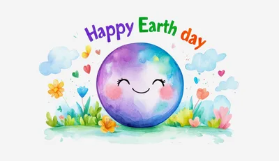 Watercolor Earth Day Illustration With Cute Smiling Planet
