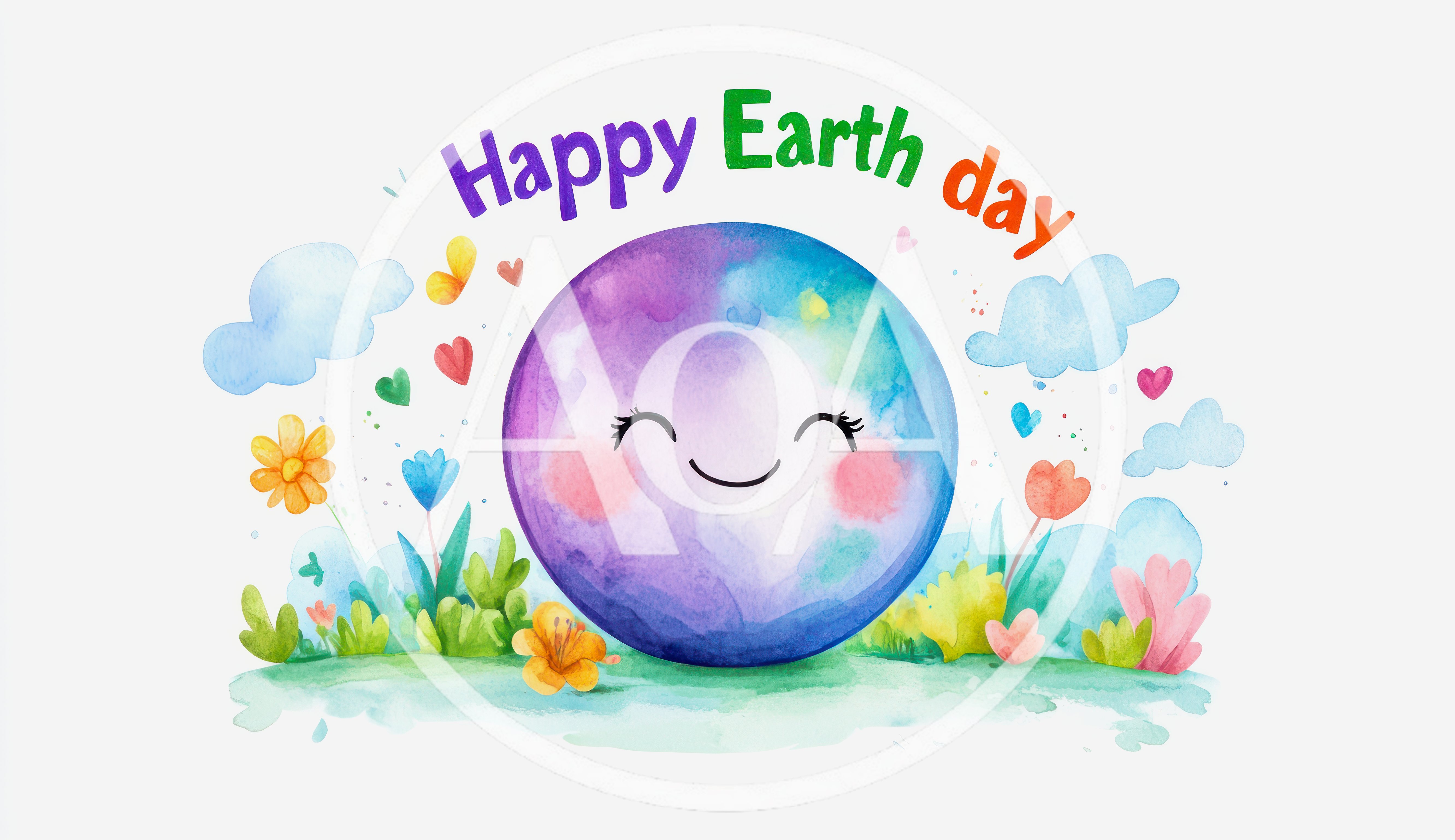 Watercolor Earth Day Illustration With Cute Smiling Planet