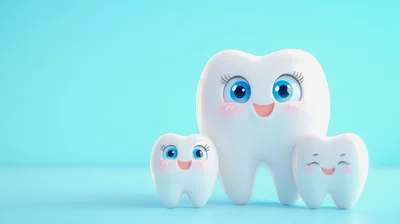 Cute Cartoon Teeth Characters On Blue Background