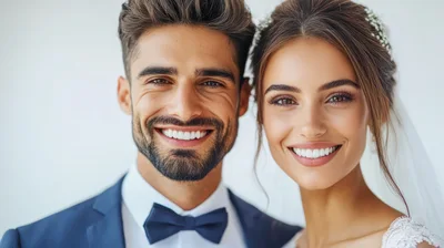 Happy Newlywed Couple Smiling In Wedding Attire