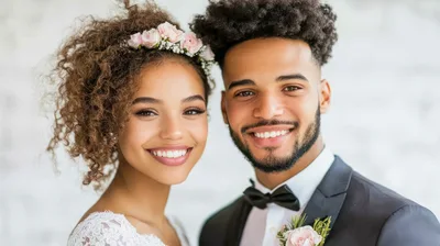 Happy Newlywed Couple Smiling Together In Wedding Attire