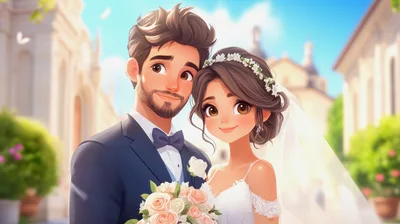 Animated Newlywed Couple Posing Together On Wedding Day