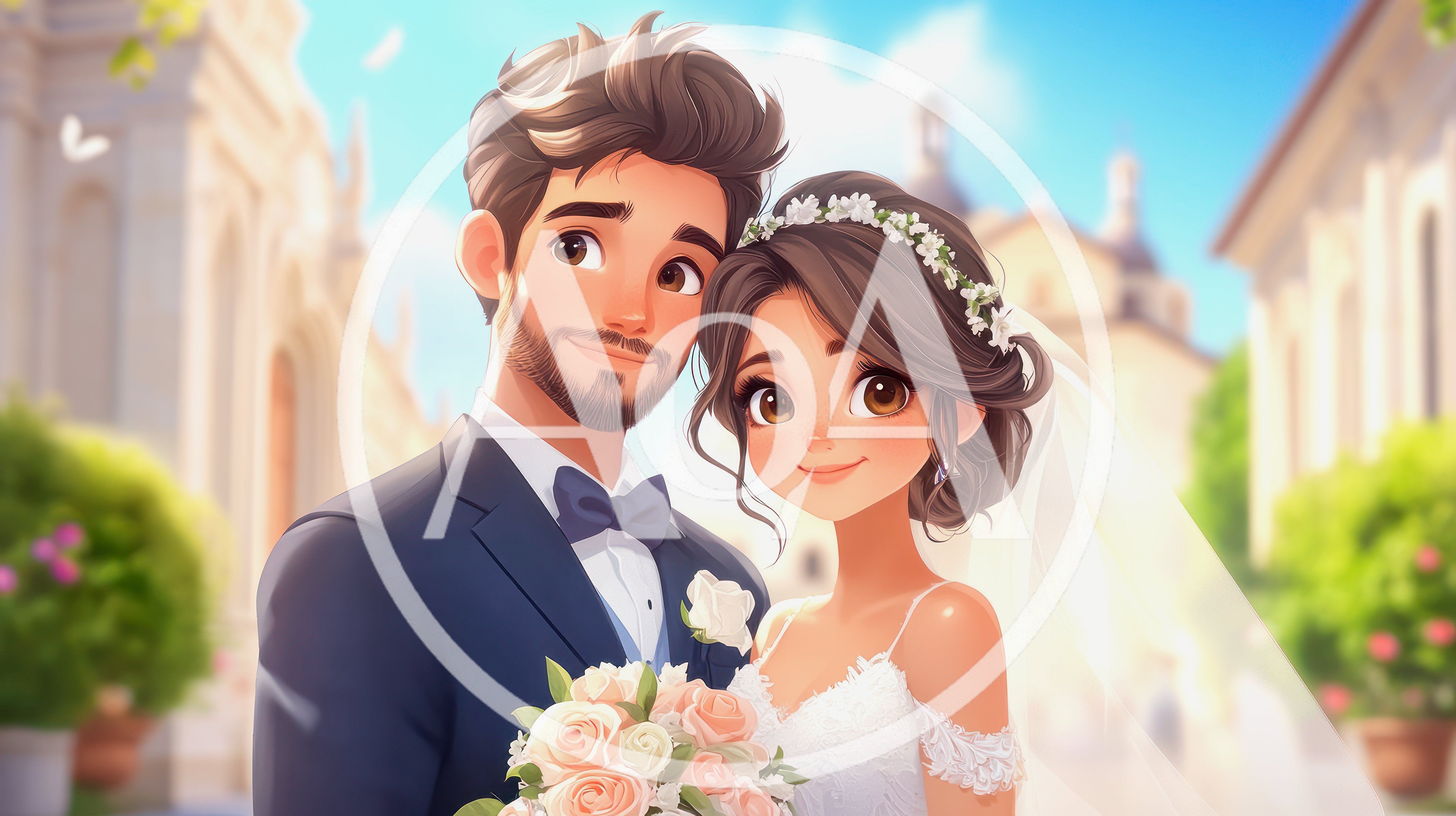 Animated Newlywed Couple Posing Together On Wedding Day
