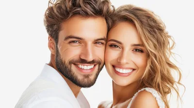 Happy Couple Smiling Together In Studio Portrait