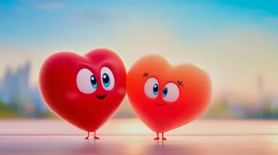 Two Animated Heart Characters Standing Together