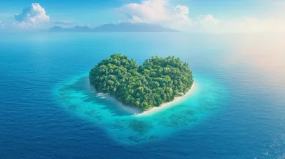 Aerial View Of A Heart Shaped Tropical Island