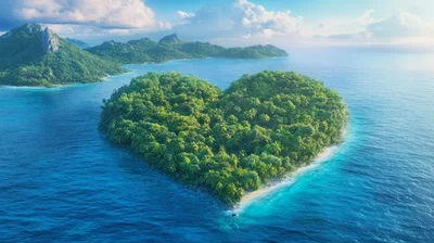 Aerial View Of A Heart Shaped Tropical Island