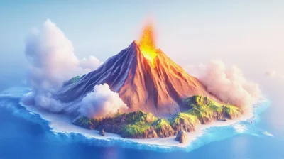 Erupting Volcanic Island Surrounded By Ocean