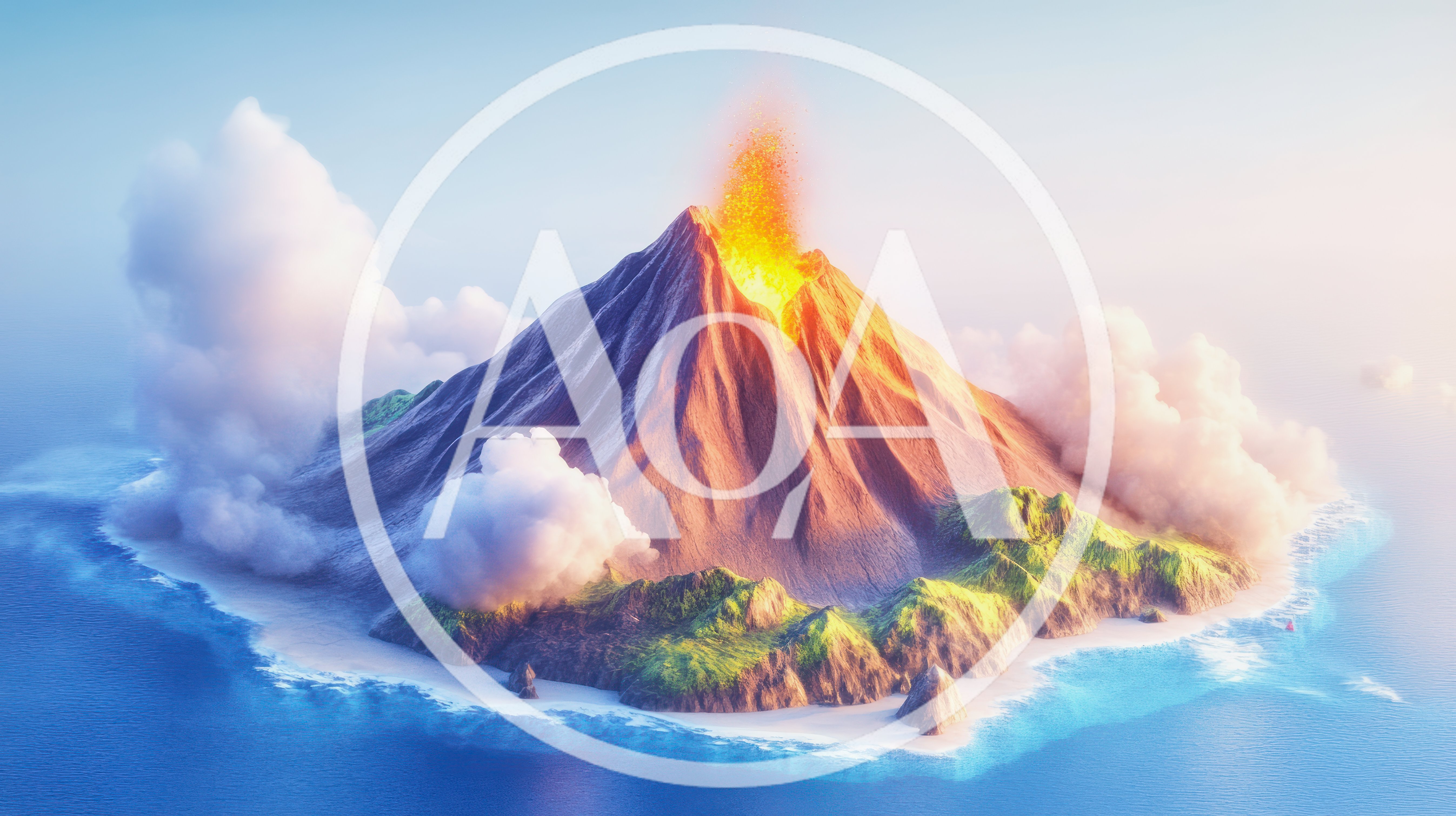 Erupting Volcanic Island Surrounded By Ocean