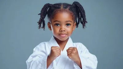 Young Girl Wearing Karate Gi In Fighting Stance