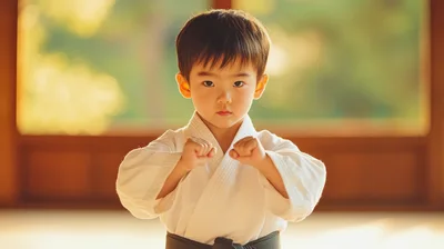 Young Asian Boy Practicing Karate In A Dojo