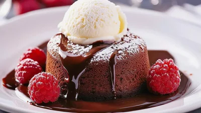 Chocolate Lava Cake With Vanilla Ice Cream And Raspberries