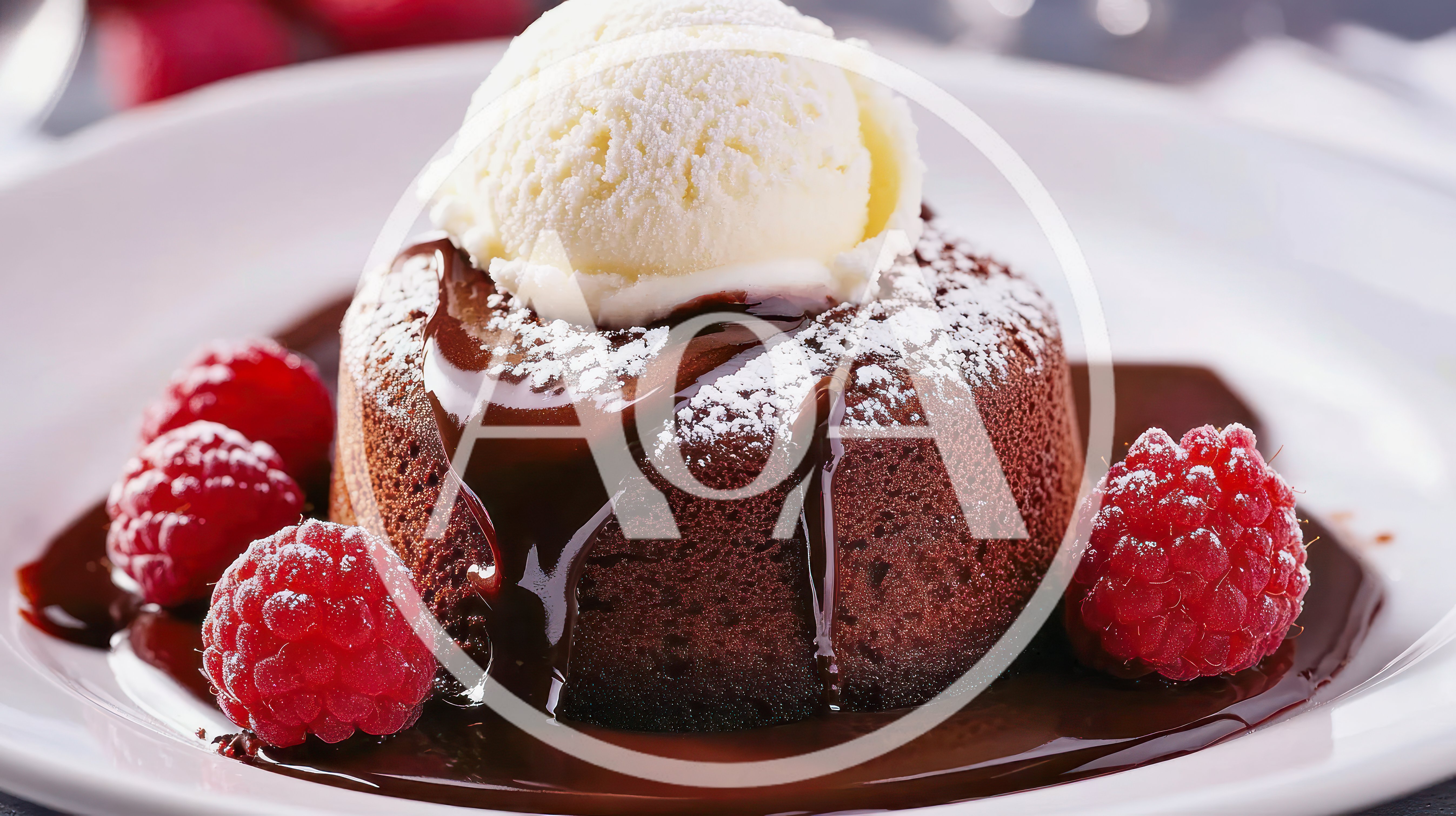 Chocolate Lava Cake With Vanilla Ice Cream And Raspberries