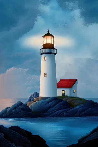 Lighthouse With Red Roof House On Rocky Island