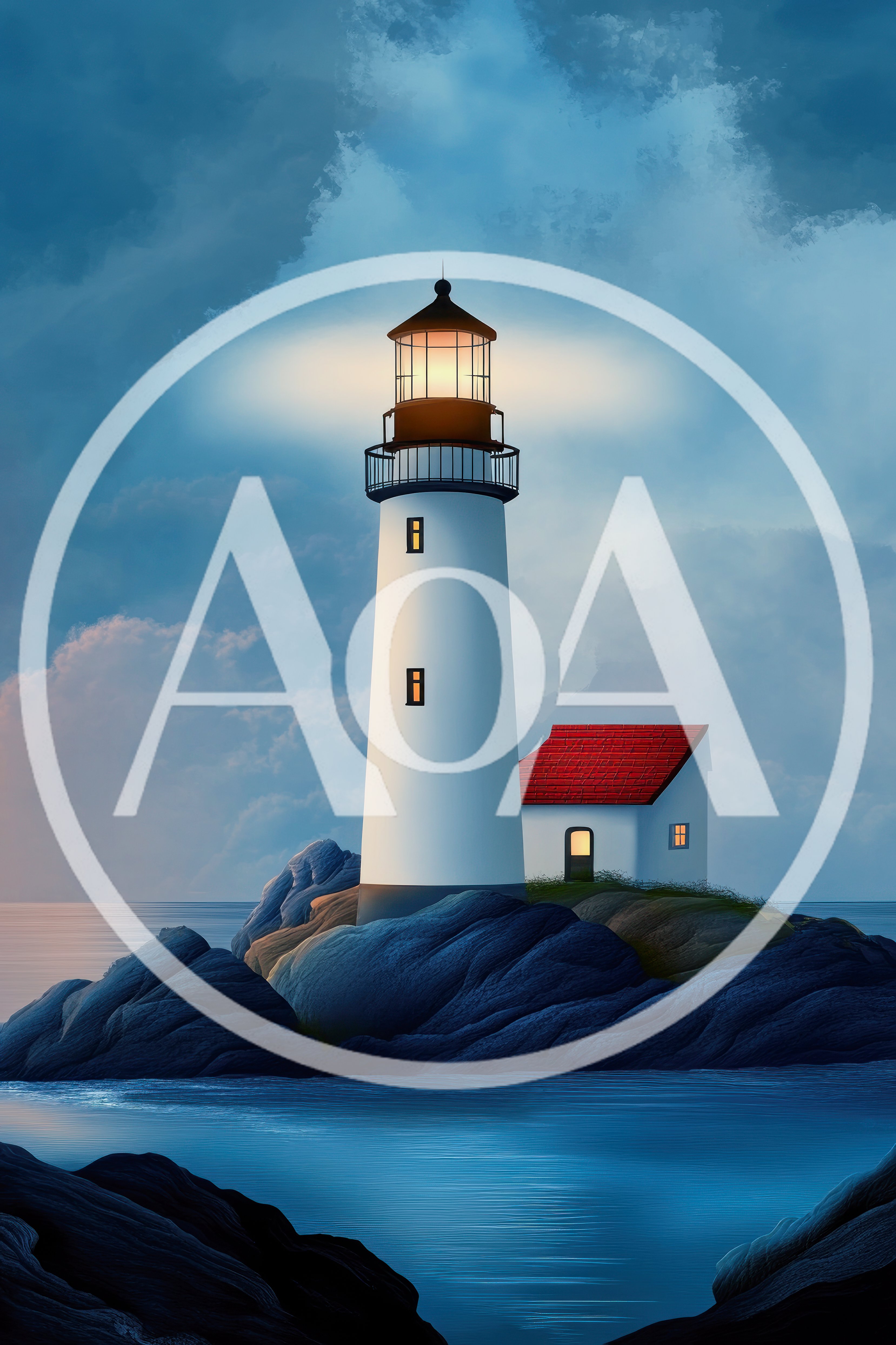 Lighthouse With Red Roof House On Rocky Island