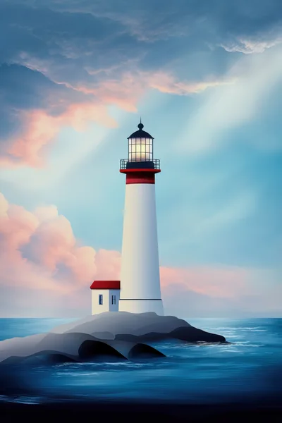 Lighthouse Standing On A Rocky Island At Sunset