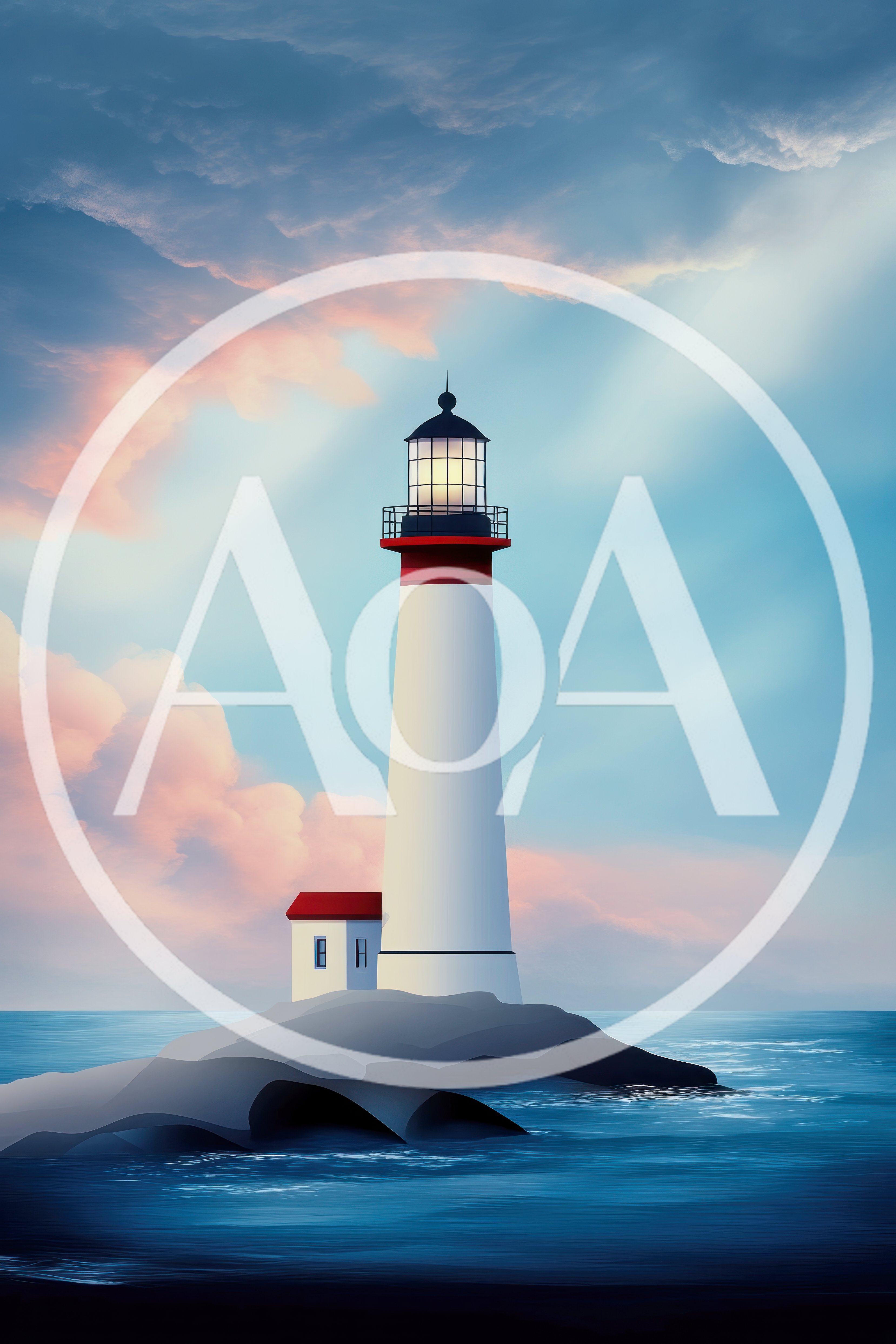 Lighthouse Standing On A Rocky Island At Sunset