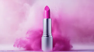 Pink Lipstick Tube Surrounded By Vibrant Powder Cloud