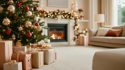 Christmas Tree With Wrapped Gifts In Cozy Living Room