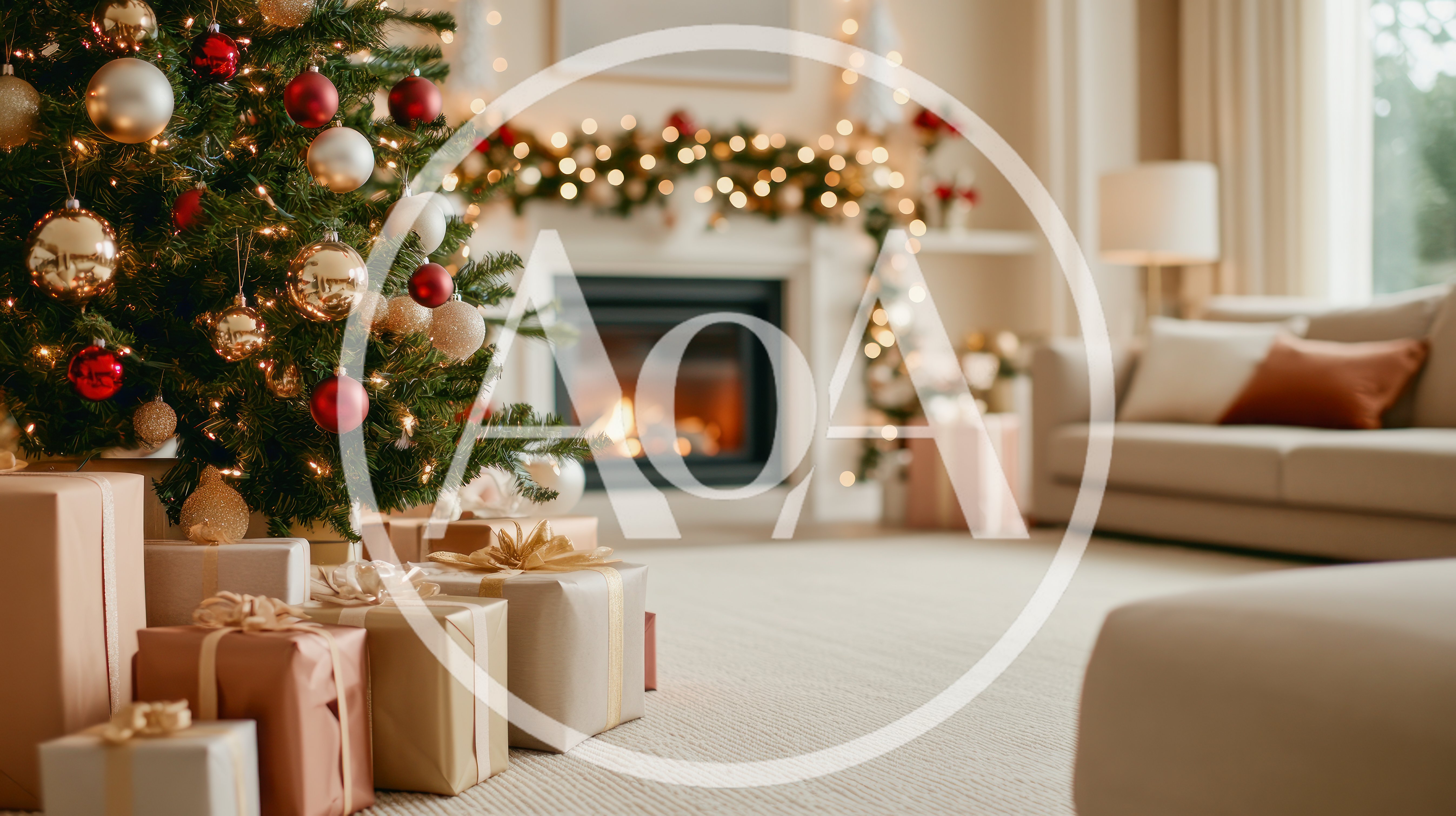 Christmas Tree With Wrapped Gifts In Cozy Living Room