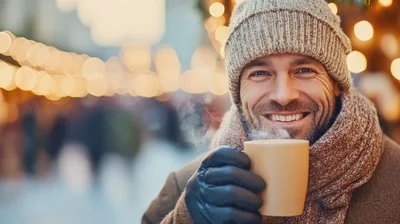 Smiling Man Holding Steaming Mug Outdoors