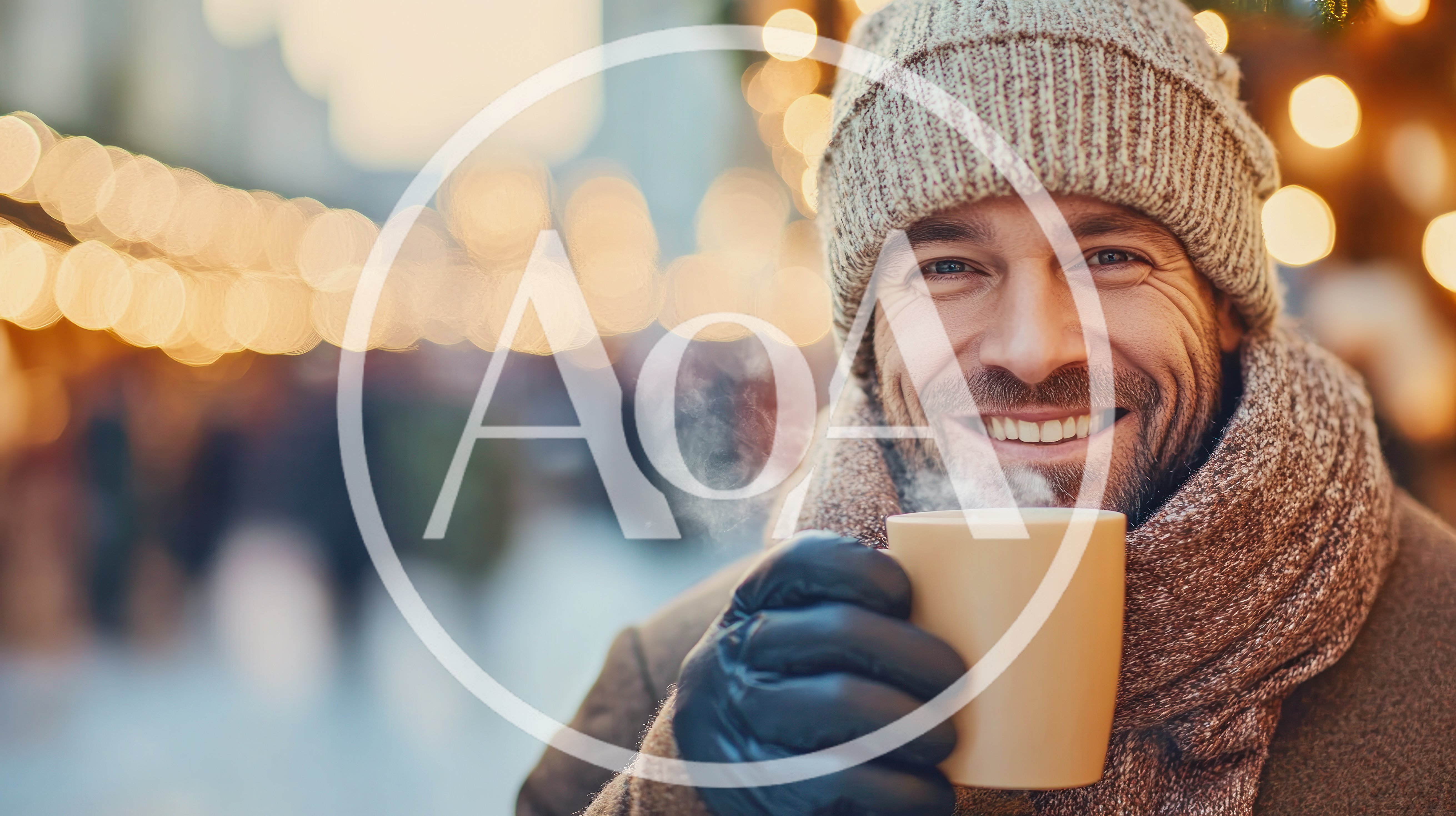 Smiling Man Holding Steaming Mug Outdoors