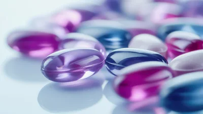 Purple And Blue Gelatin Capsules On Reflective Surface