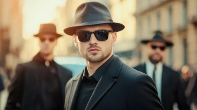 Three Men In Suits And Fedora Hats Walking