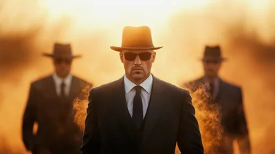 Three Men In Suits And Fedora Hats Walking