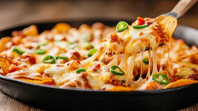 Cheesy Nachos Being Lifted From A Cast Iron Skillet