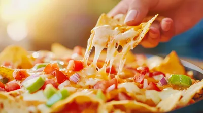 Hand Lifting Cheesy Nacho Chip From Platter
