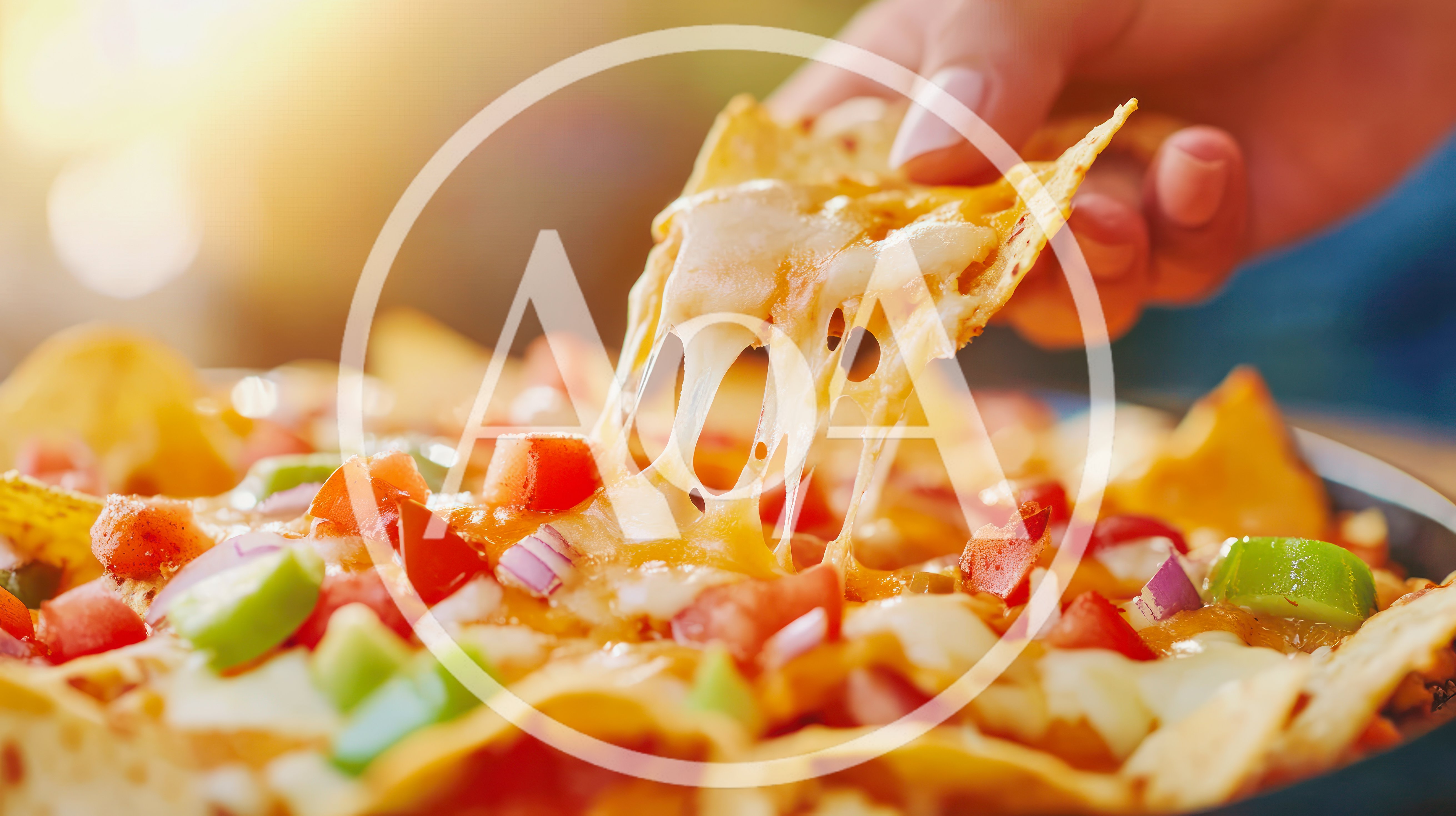 Hand Lifting Cheesy Nacho Chip From Platter