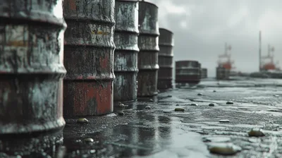 Rusty Industrial Oil Barrels On A Wet Dock